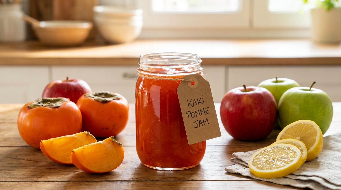 Un bocal de confiture avec une étiquette artisanale, entouré de kakis, de pommes rouges, vertes et de tranches de citron.