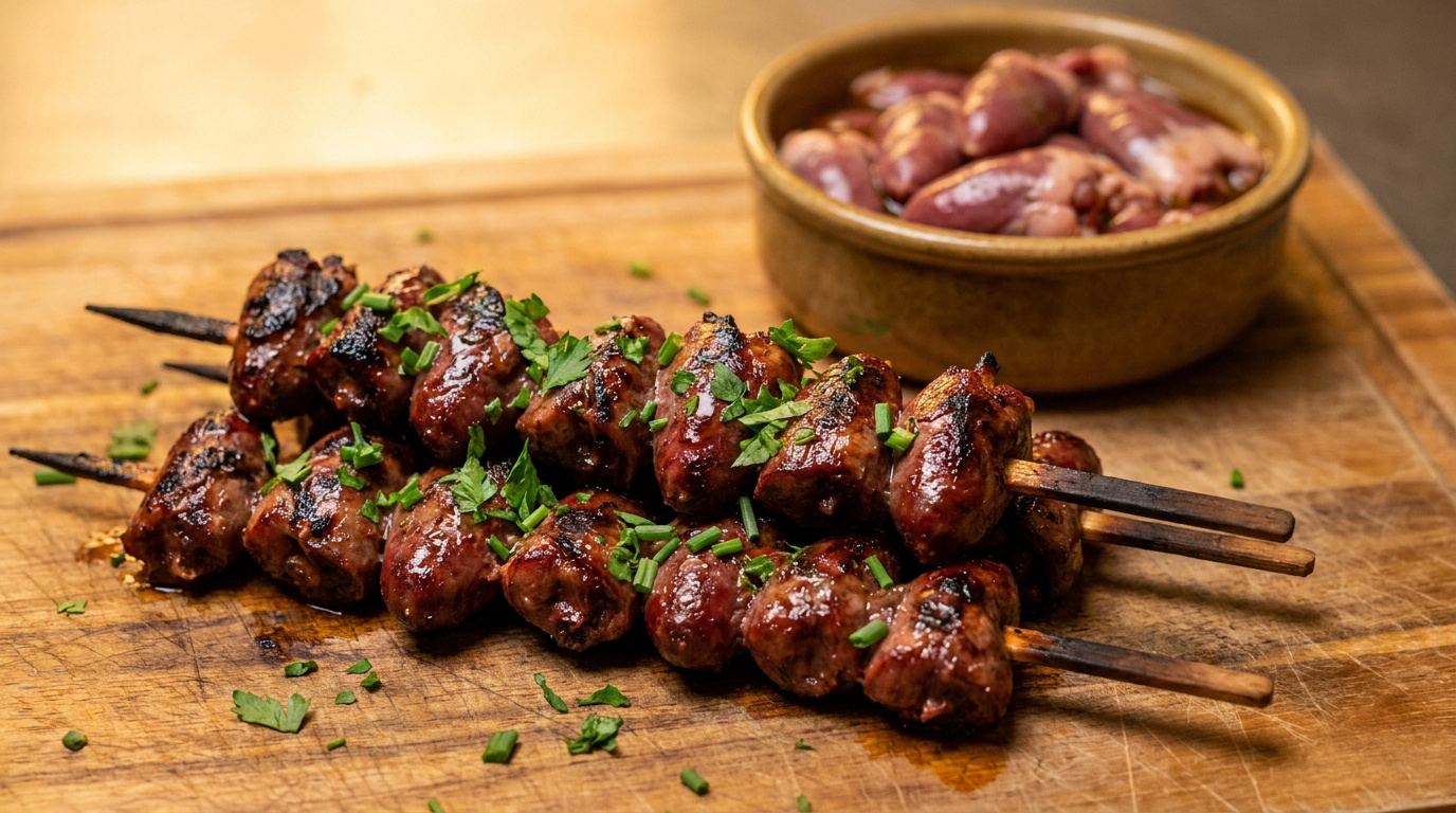 Brochettes de cœurs de canard grillés sur une planche en bois, accompagnées d'un bol de cœurs crus marinés.
