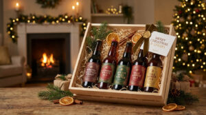 Coffret en bois contenant cinq bouteilles de bière artisanale, décoré avec des oranges séchées et une carte de vœux.