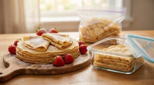 Une pile de crêpes saupoudrées de sucre glace avec des fraises, à côté d'une boîte hermétique et d'un sac de congélation.
