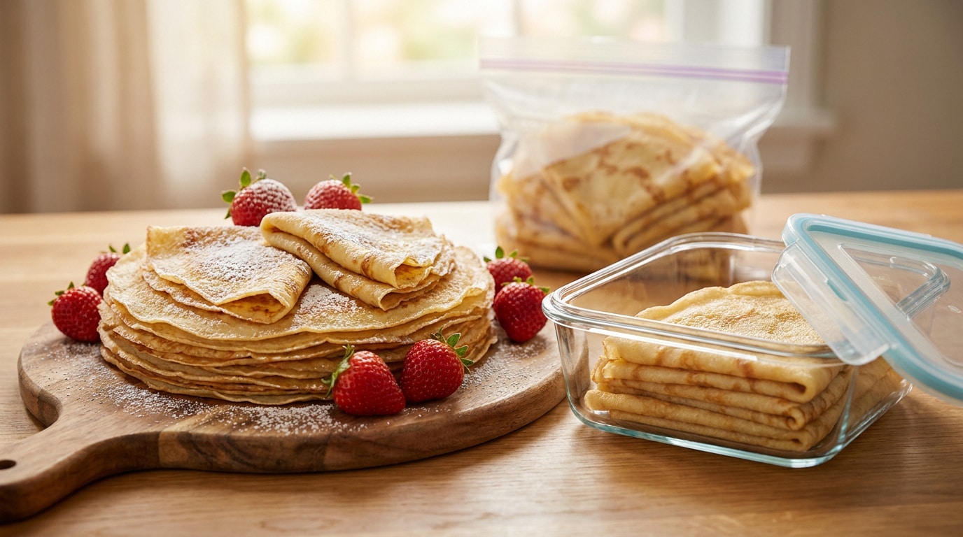 Une pile de crêpes saupoudrées de sucre glace avec des fraises, à côté d'une boîte hermétique et d'un sac de congélation.