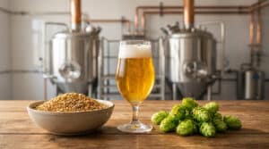 Un verre de bière blonde, un bol de malt et des cônes de houblon frais sur une table devant des cuves de brassage.