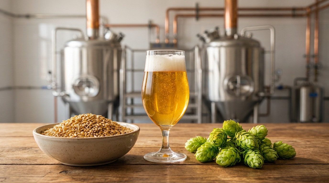 Un verre de bière blonde, un bol de malt et des cônes de houblon frais sur une table devant des cuves de brassage.