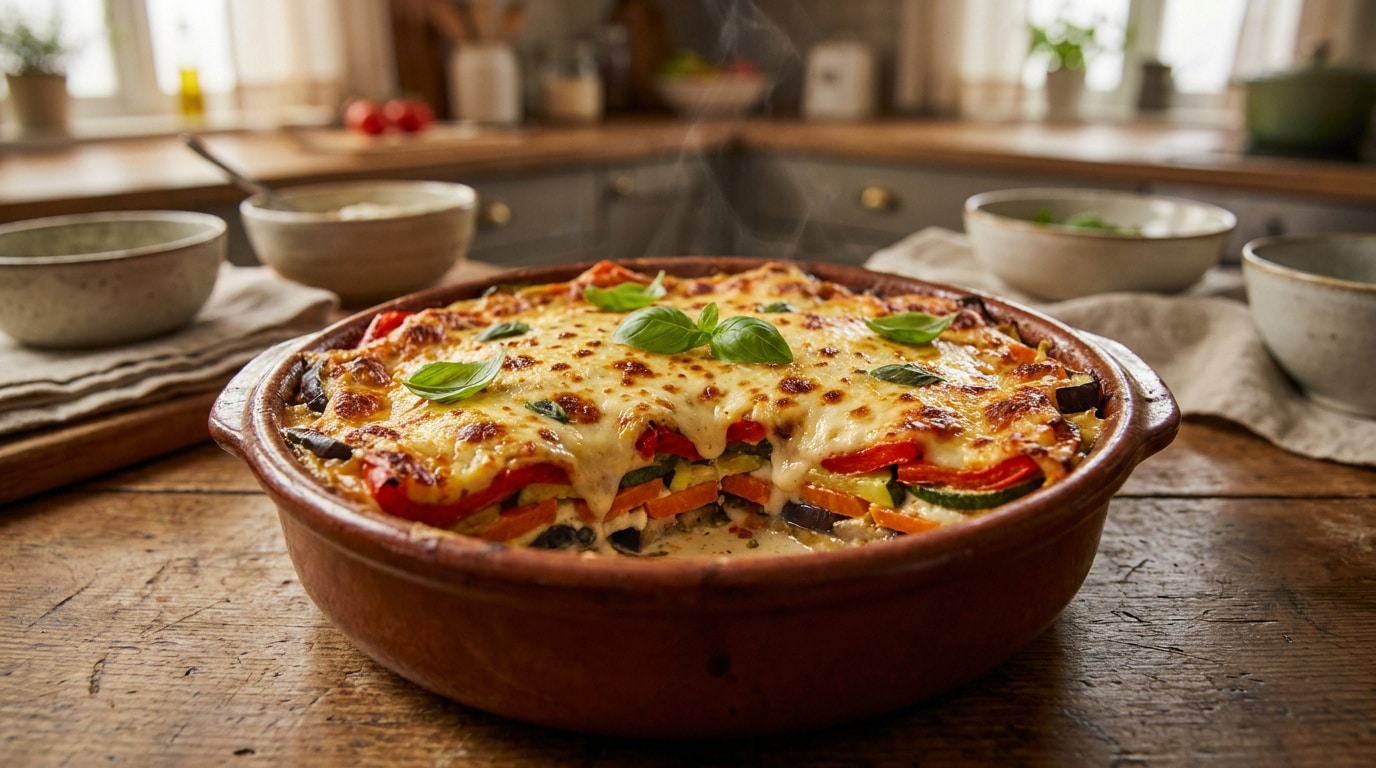 Un plat de lasagnes aux légumes fumant, garni de fromage fondu et de basilic frais sur une table en bois.