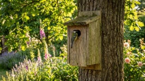 Une mésange charbonnière se pose devant l'entrée d'un nichoir en bois fixé sur le tronc d'un arbre dans un jardin.