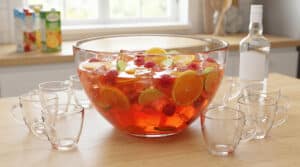 Un grand saladier en verre rempli de punch aux fruits frais entouré de tasses vides sur une table en bois.