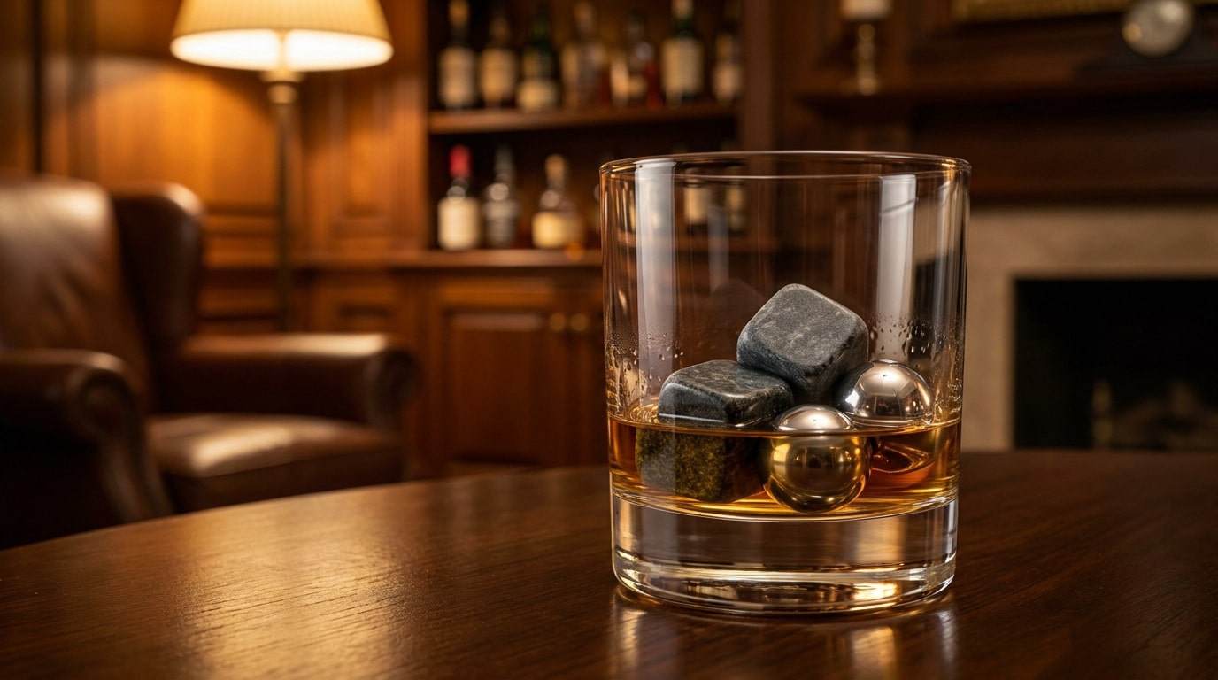 Un verre de whisky avec des pierres de refroidissement en pierre et en métal sur une table en bois dans un salon feutré.